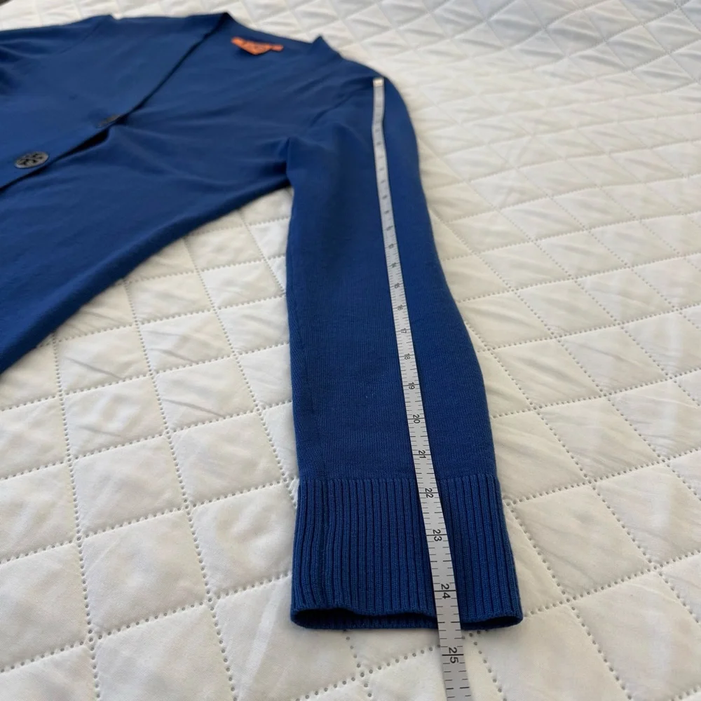 Tory Burch 100% Merino Wool Logo Button V-Neck Cardigan Sweater Blue M